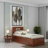 Dotwork Solid Sheesham Wood Single Bed With Box Storage (Natural Finish)